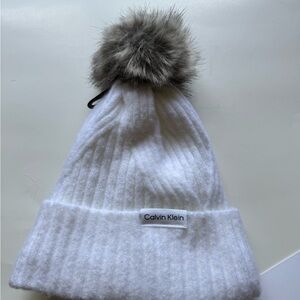 Calvin Klein White and Gray Knit Pom-Pon Beanie